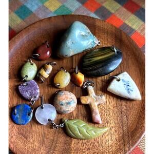 Natural Stone Pendant Lot Lapis Tiger Eye Jasper Quartz Mixed 14pc